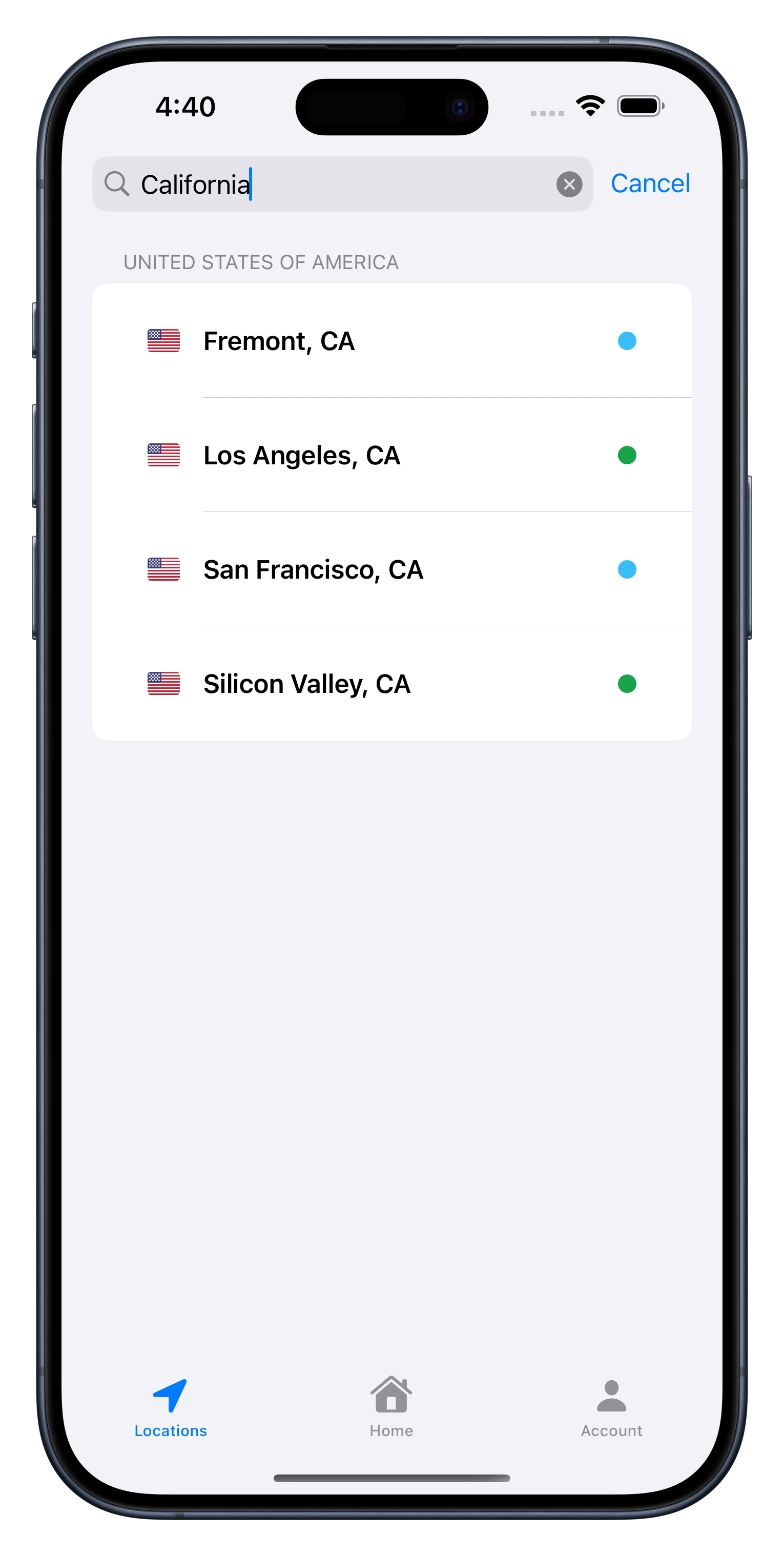 iPhone VPN location search light appearance