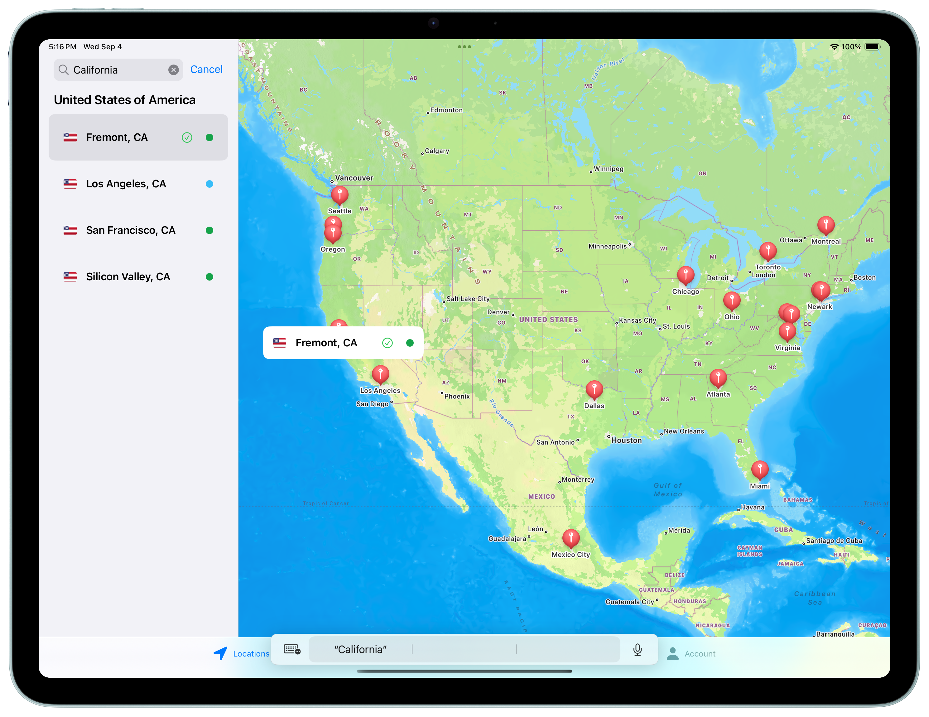 iPad VPN location search light appearance