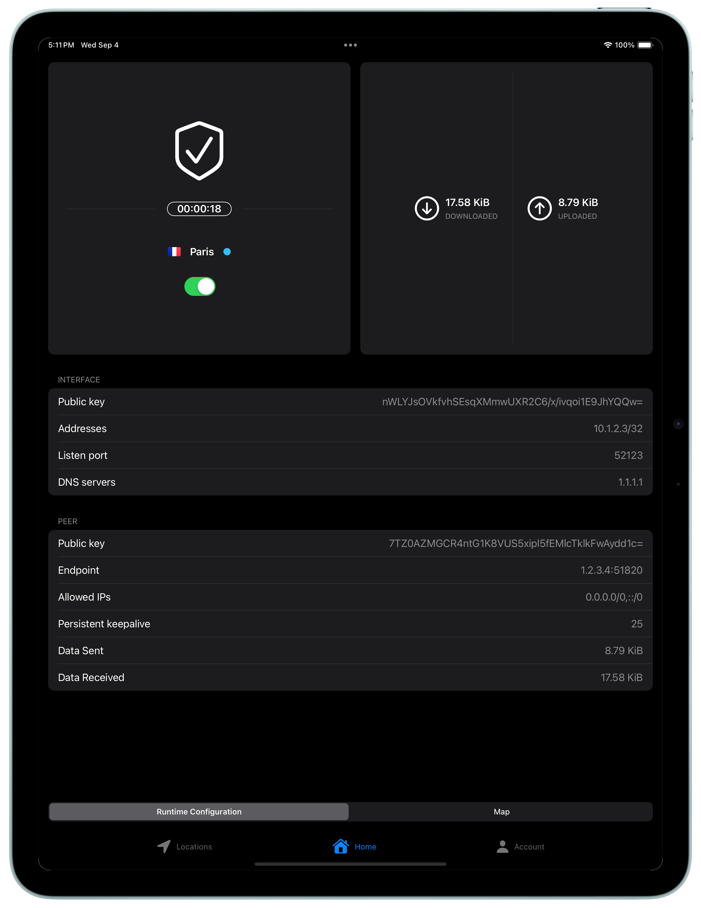 iPad VPN runtime WireGuard configuration portrait dark appearance