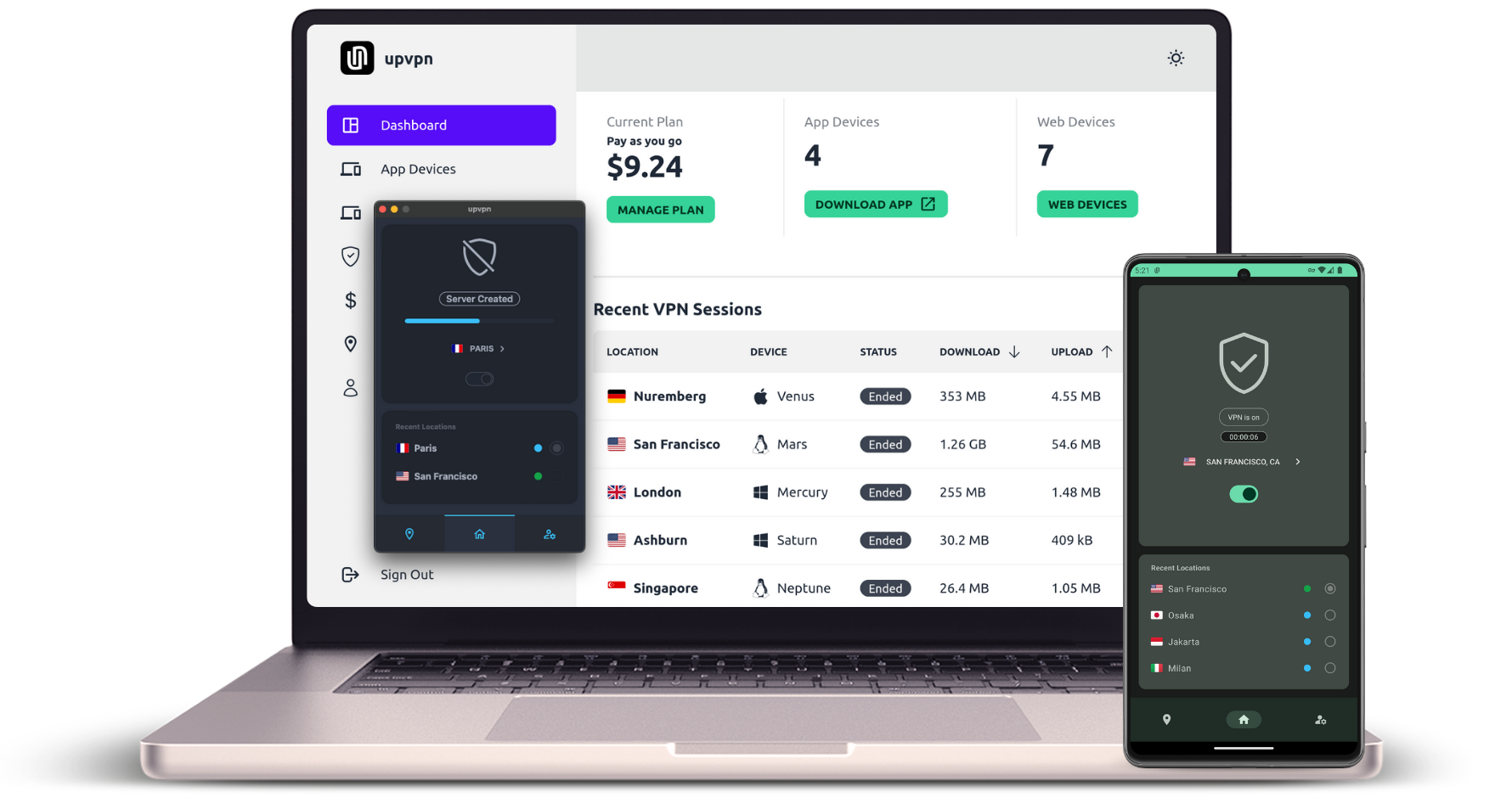 UpVPN running on laptop and mobile devices